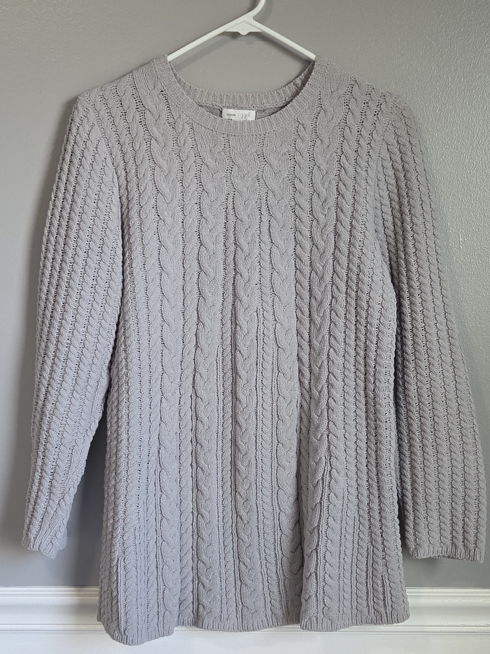J. Jill Light Gray Chenille Cable-Knit Crew Neck Sweater Preppy Tunic Size S